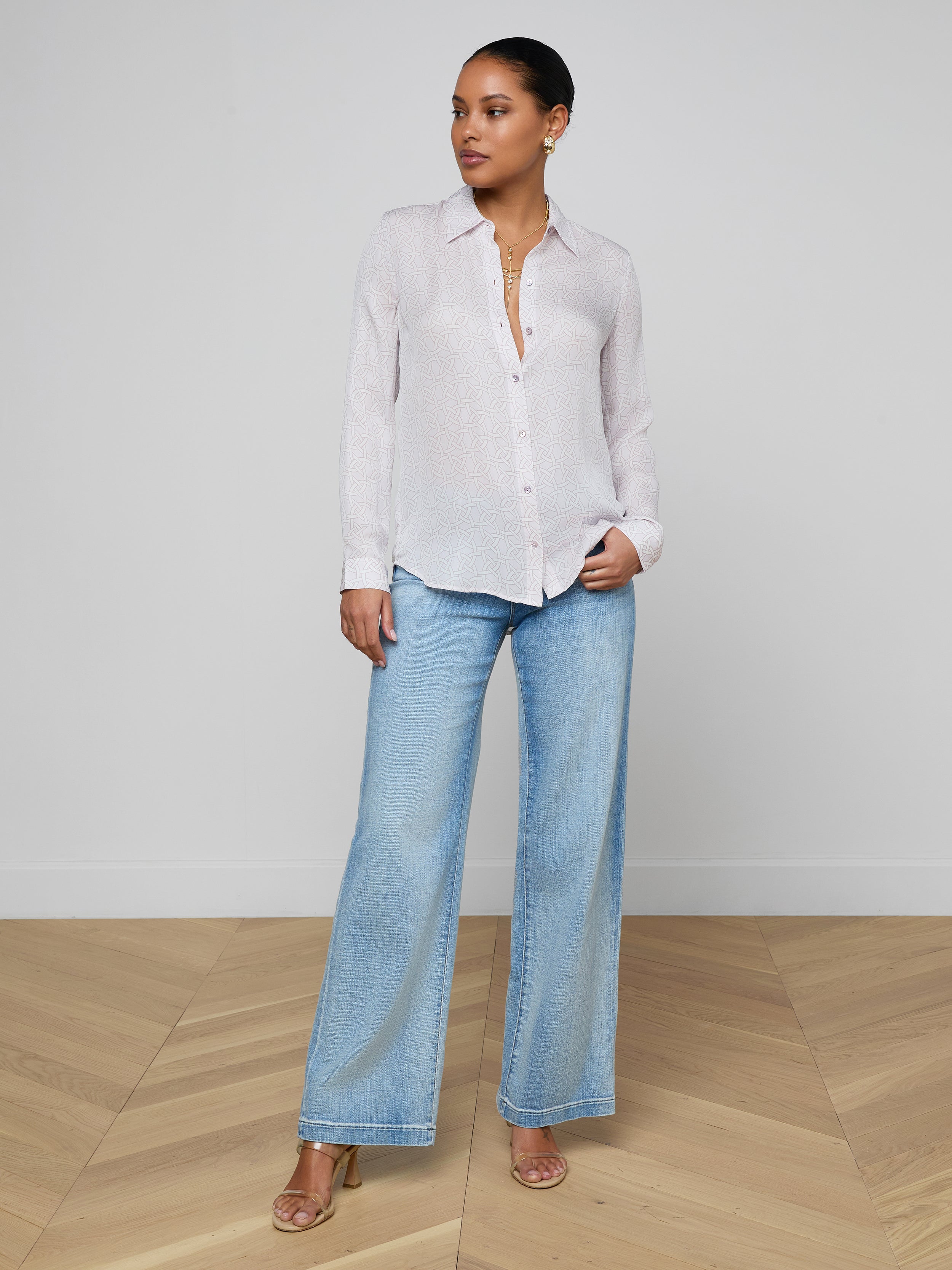Nina Silk Blouse Top In Icy Lilac Linked Geo