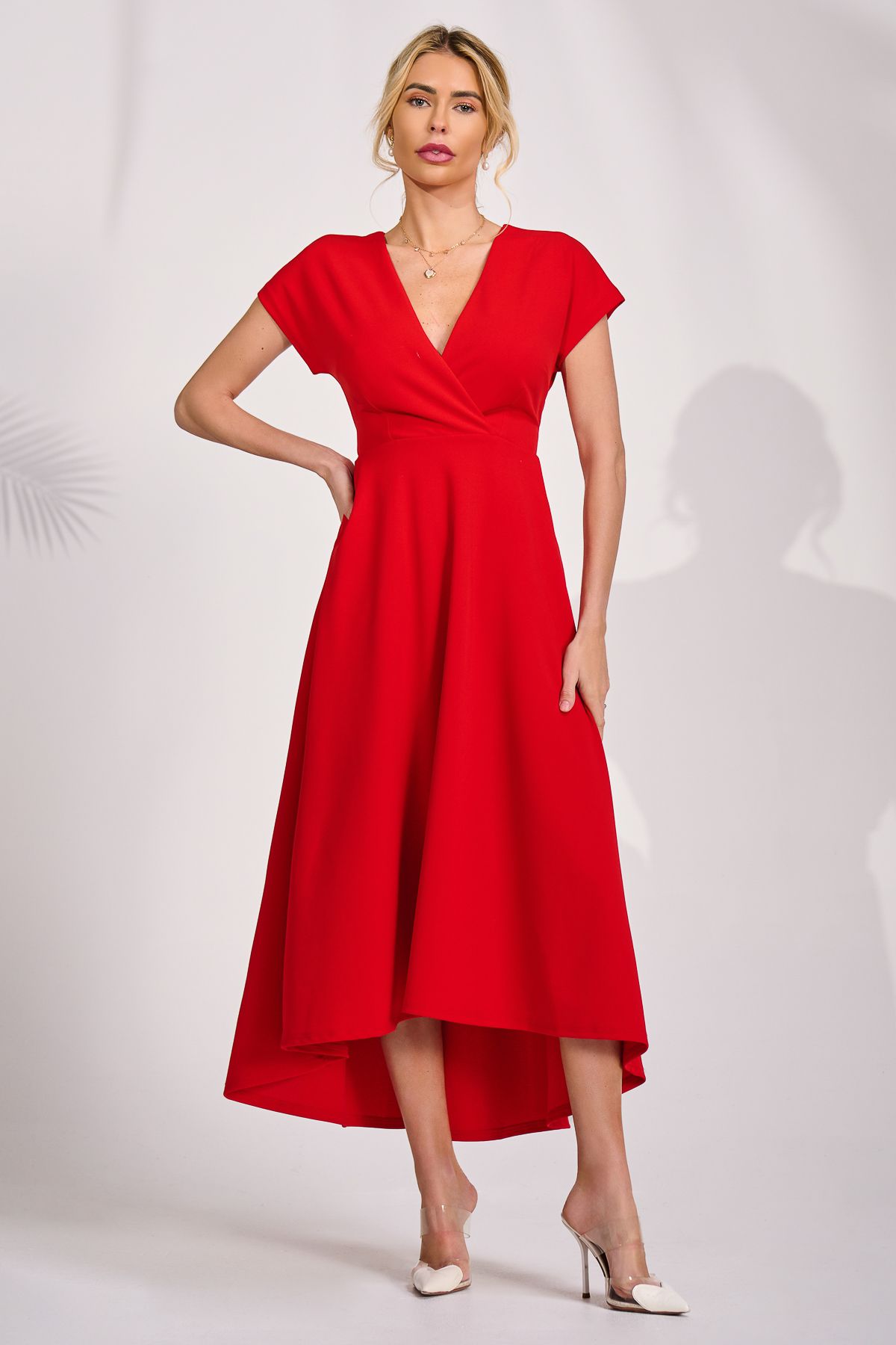 Jolie Moi Women's Scuba Dipped Hem Maxi Dress in Red