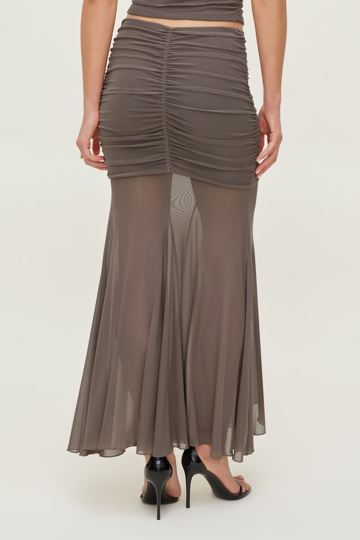 Ruched Mesh Maxi Skirt - Brown - Women Clothing