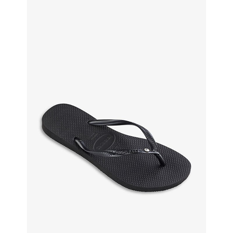 Womens Black Slim Crystal-embellished Rubber Flip-flops