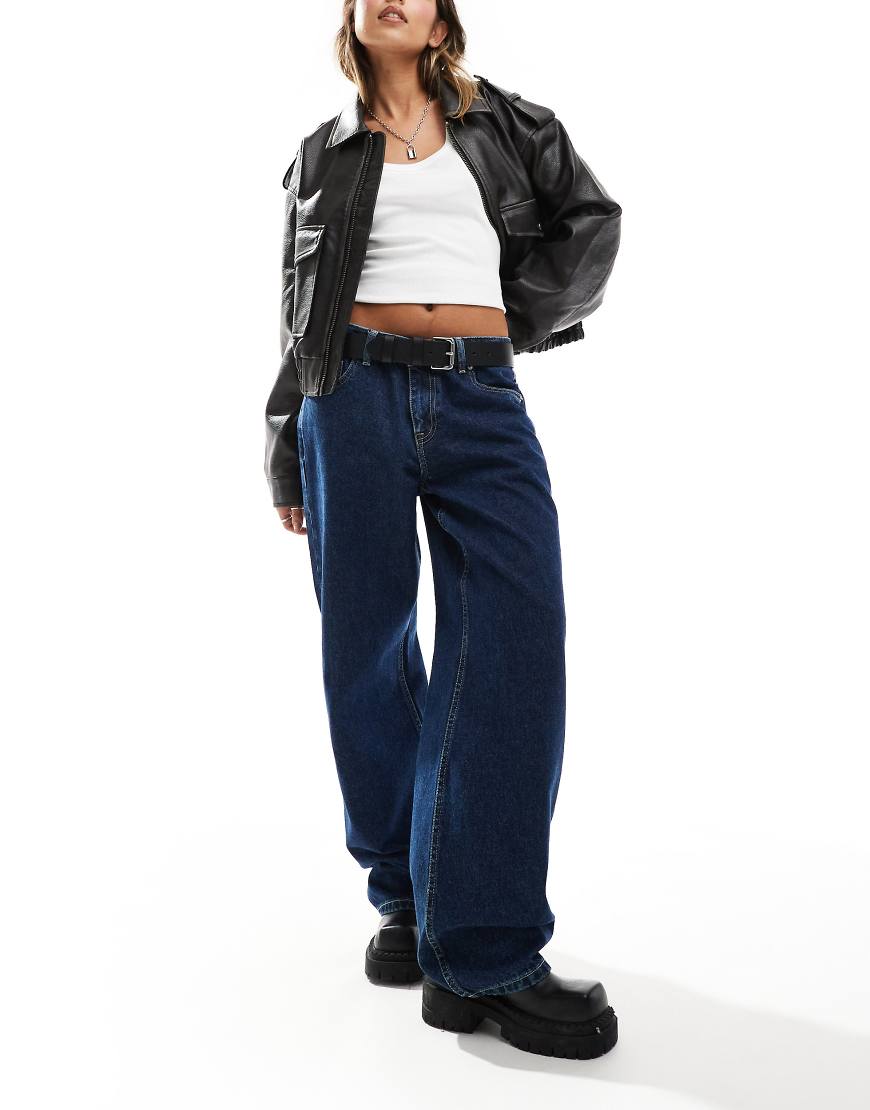 Dr Denim Hill relaxed fit low rise wide straight leg jeans in pebble dark retro blue wash