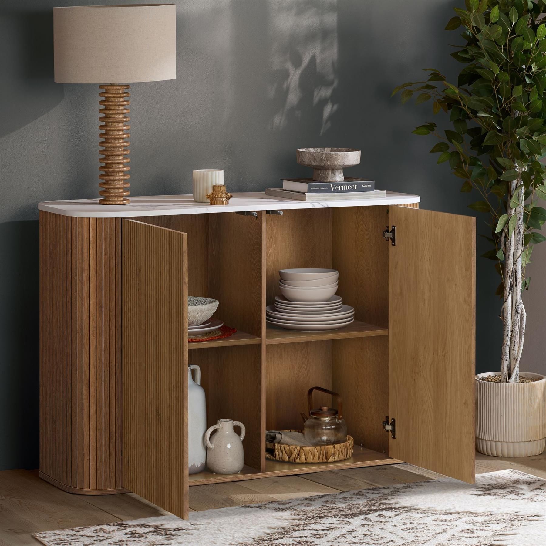 Birlea Unisex Kagu 2 Door Sideboard Fluted Ribbed Oak & Marble effect in Light Oak
