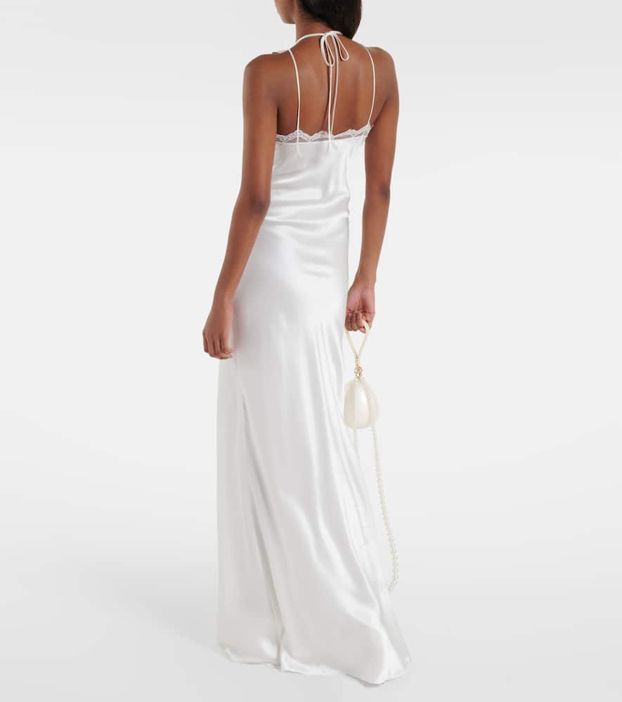 Bridal floral-appliqué lace-trimmed silk gown