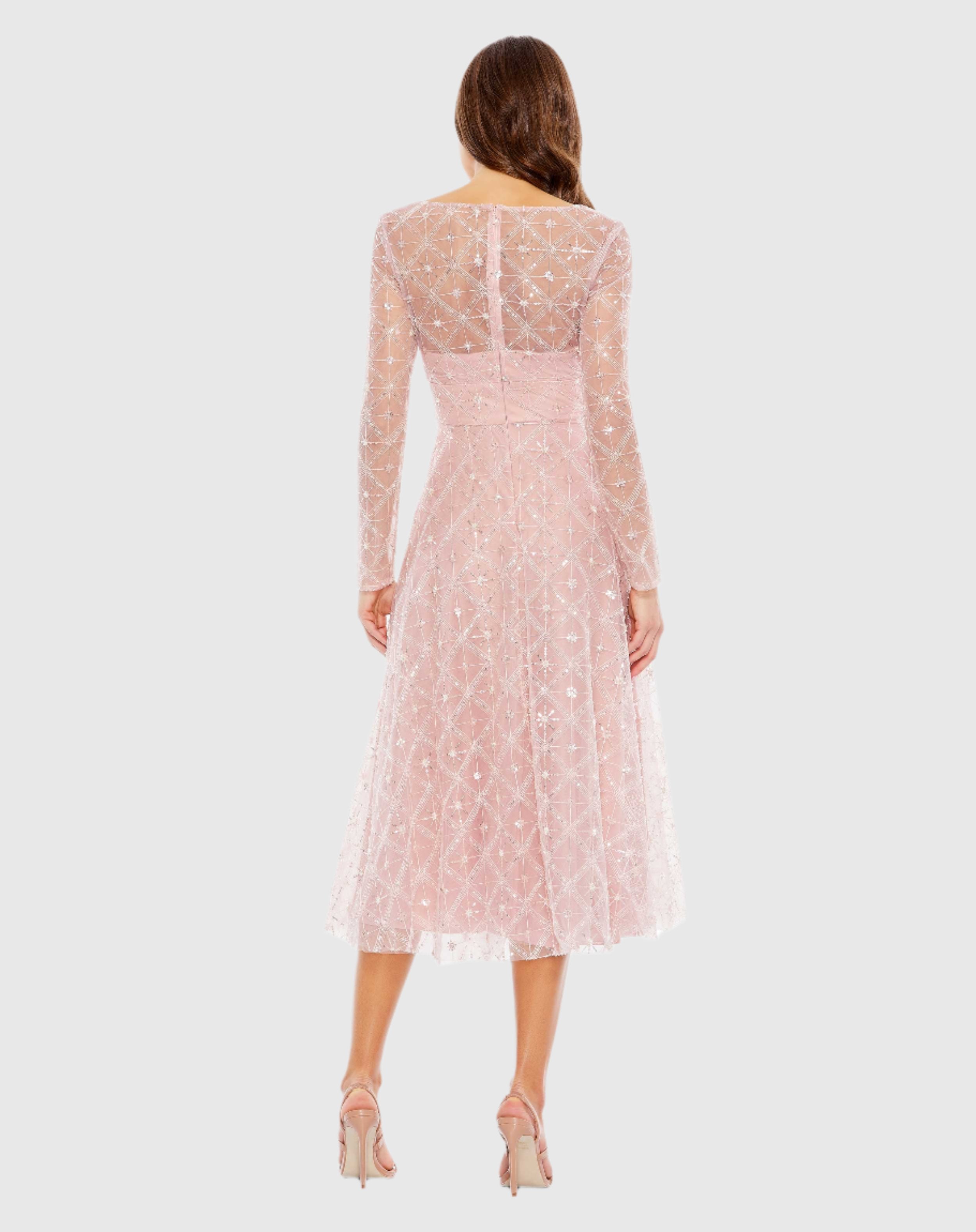 Embellished Illusion Long Sleeve Dress In Rose