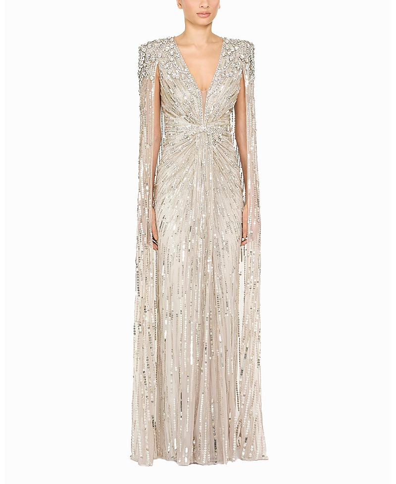 Lotus Lady Sequin-Embellished Cape Gown