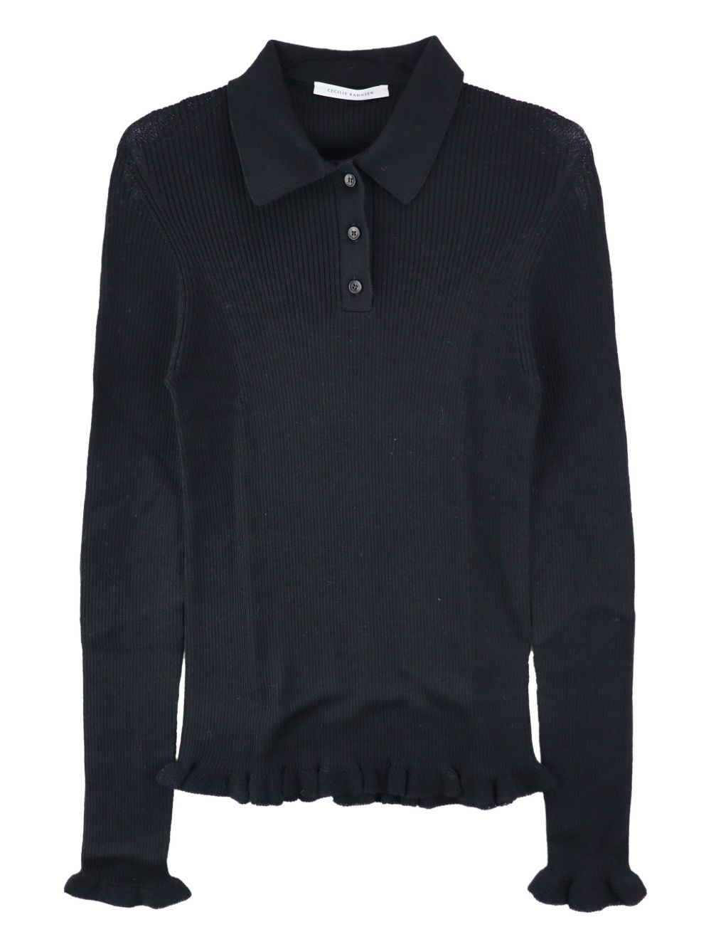 Cecilie Bahnsen ruffle-hem ribbed polo top - Black