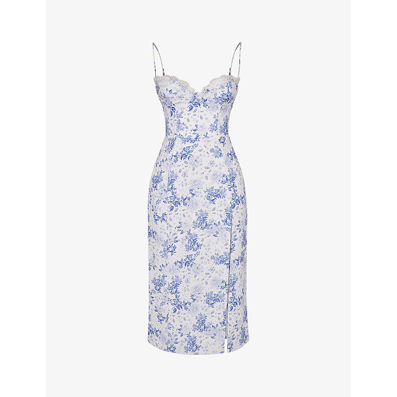 Womens Blue Charlotte Floral-print Fitted-corset Stretch-woven Midi Dress