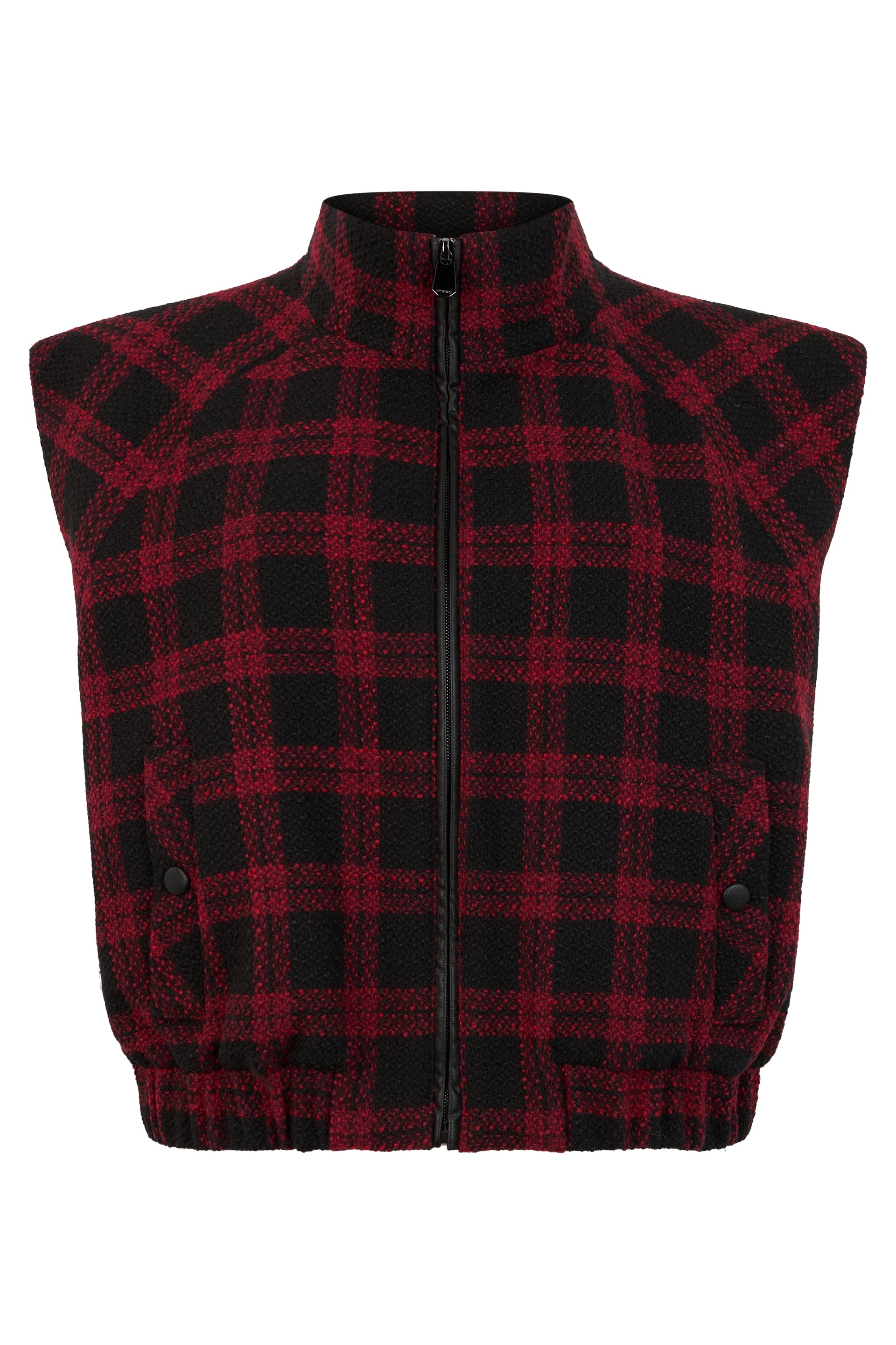 Checkered Design High-Collar Sleeveless Vest