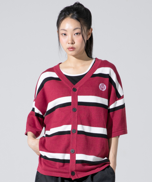 XTK144 Preppy Stripe Short Sleeve Knit Cardigan