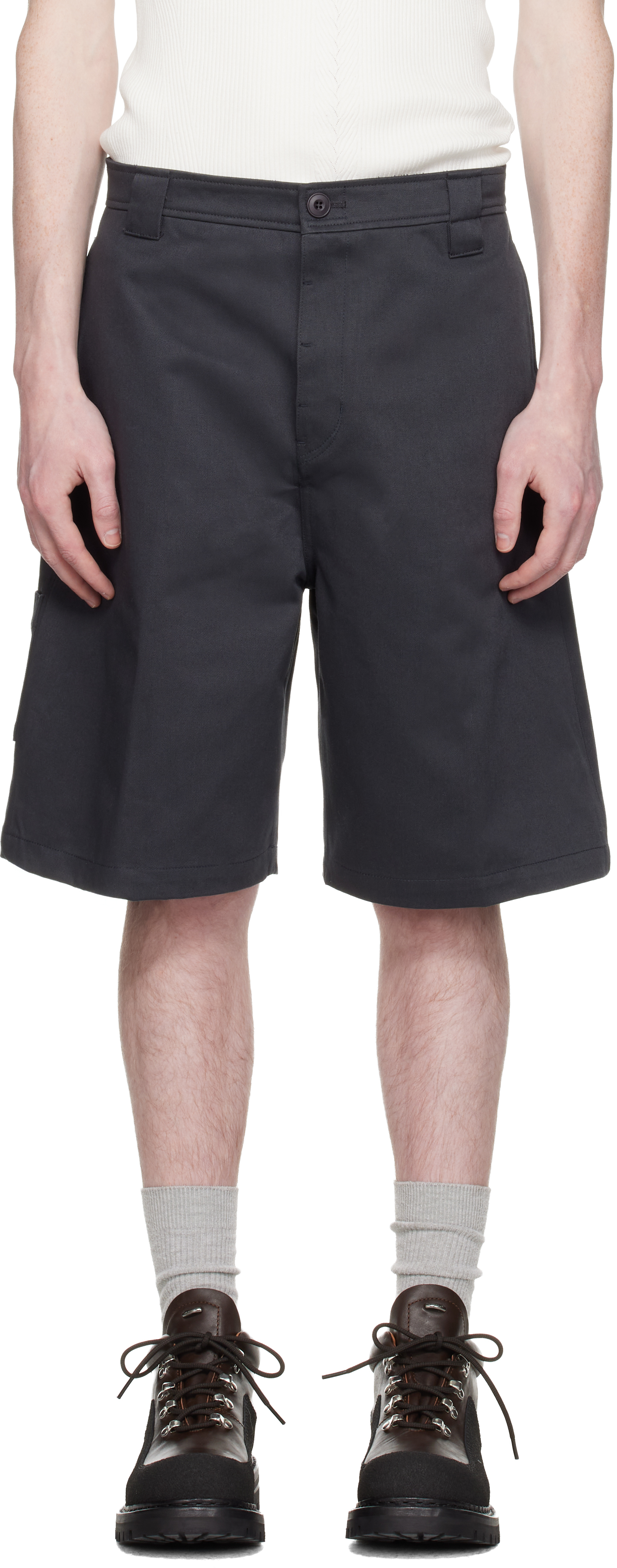 Navy Cotton Blend Stitch Pointed Bermuda Shorts