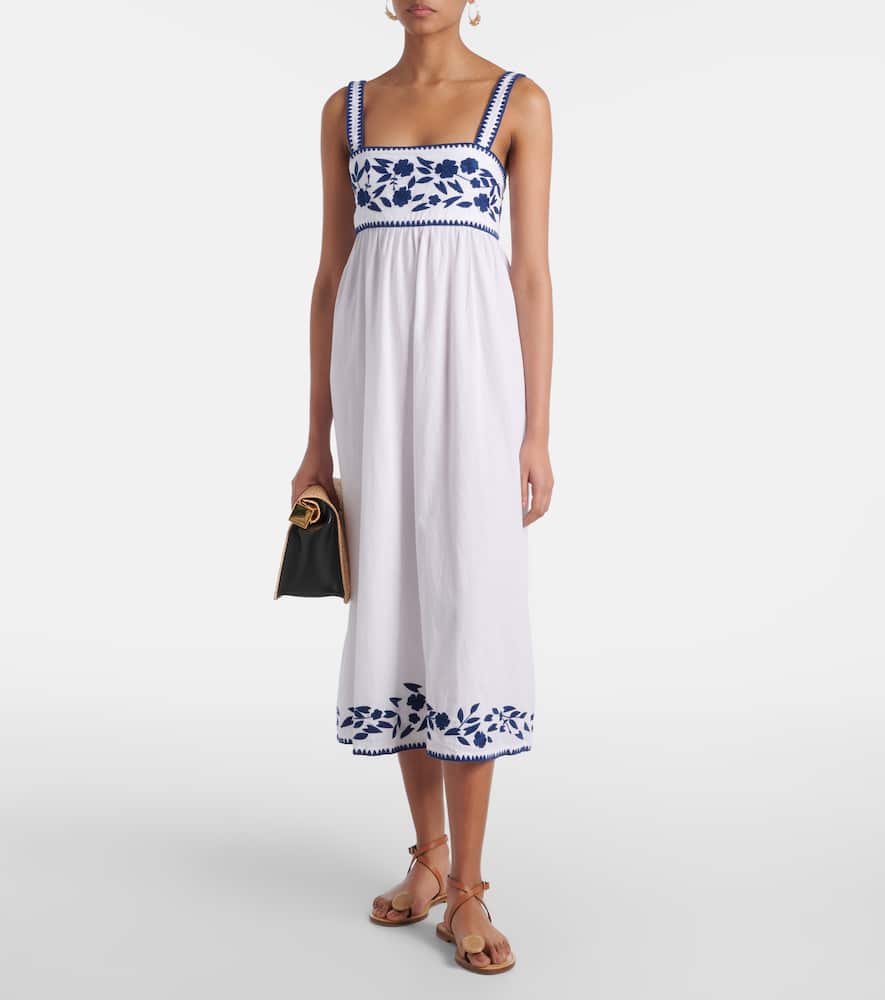 Embroidered cotton and linen midi dress