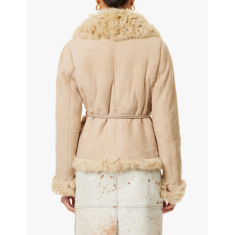 Womens Light Beige Moss Shearling-trim Suede Jacket 