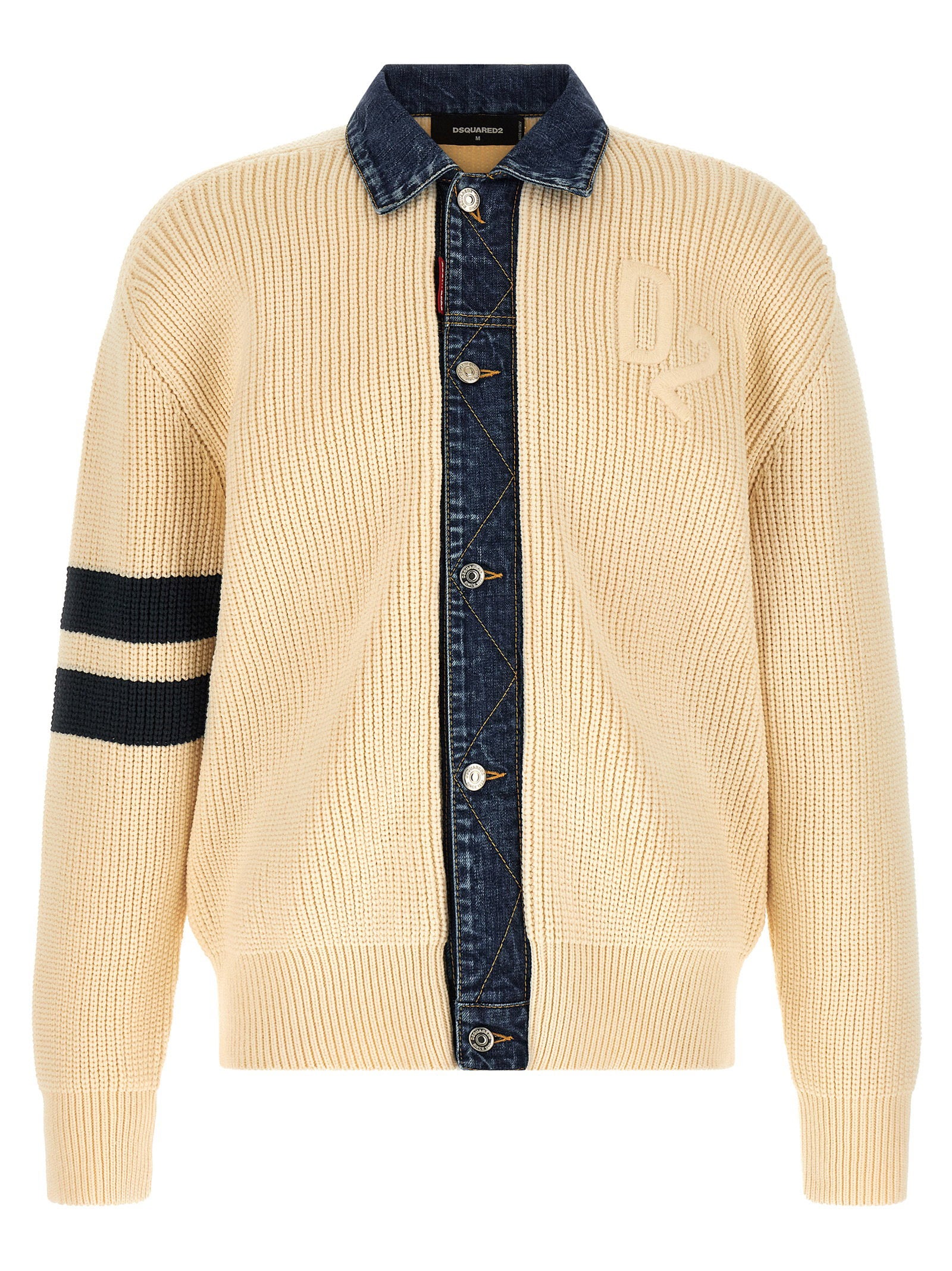 Denim-Mix Cotton-Blend Knit Cardigan — Cream