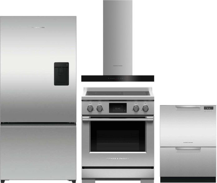 Fisher & Paykel 4 Piece Kitchen Appliances Package with Bottom Freezer Refrigerator, Induction Range and Dishwasher in Stainless Steel FPRERARHDW