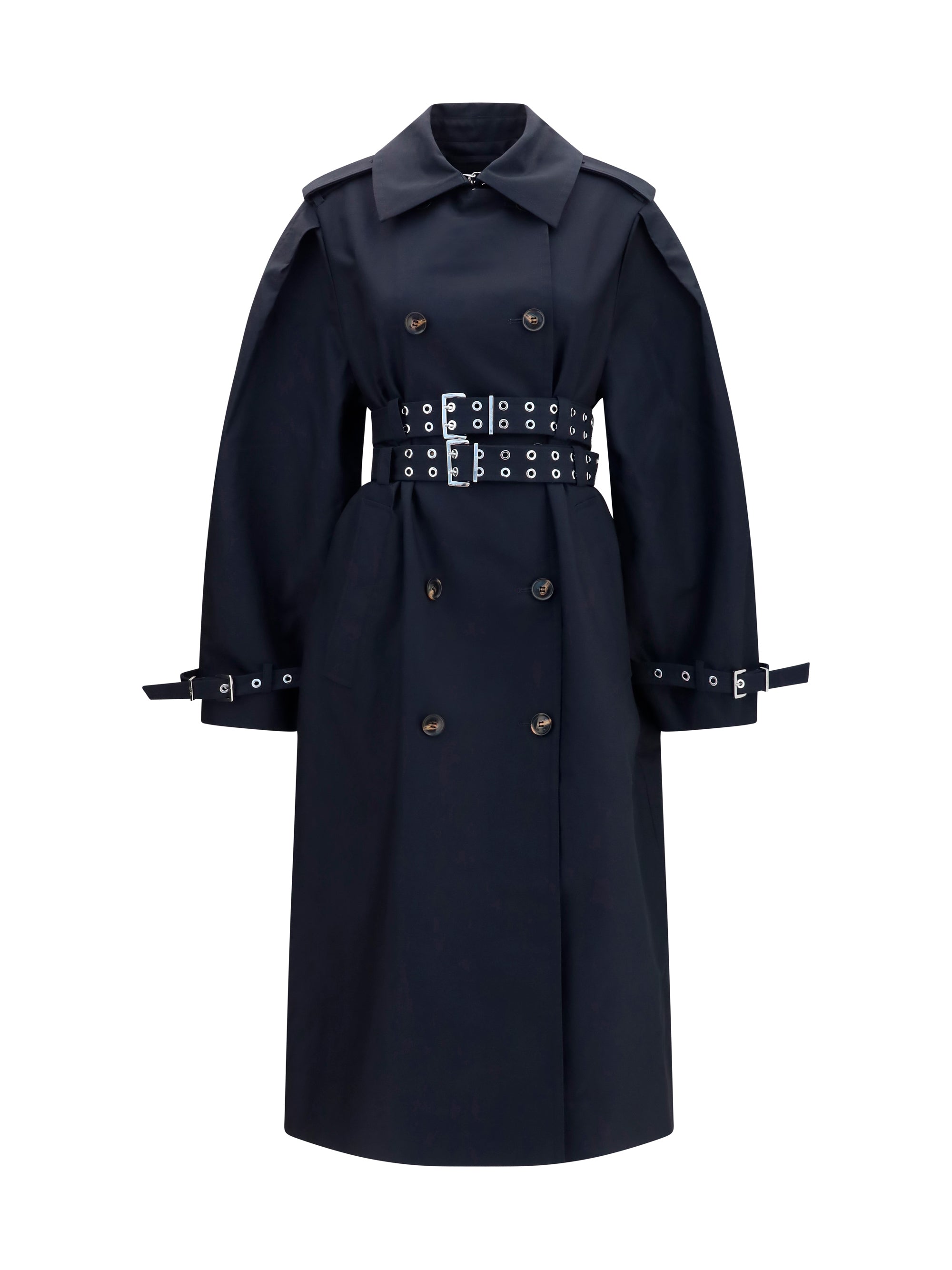 Double-Breasted Cotton with Double Belt Trench Coat — Black