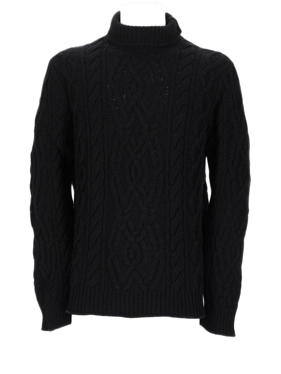 Black Cable-Knit Sweater With Ribbed Turtleneck And Intricate Patterns