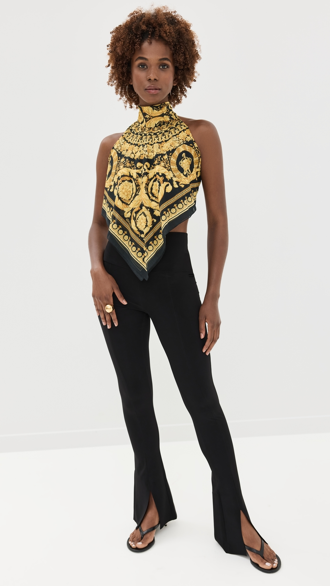 Beachwear Cotton Silk Voile Fabric Baroque Print Top 5B000-Black+Gold