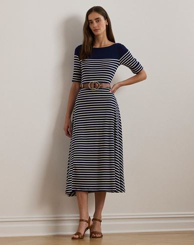 Striped Cotton Midi Dress Woman Midi dress Midnight blue
