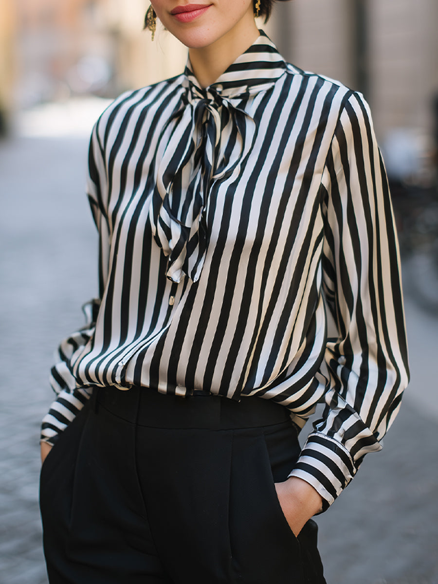 Tie-Neck Vertical Stripe Long Sleeve Blouse - Black