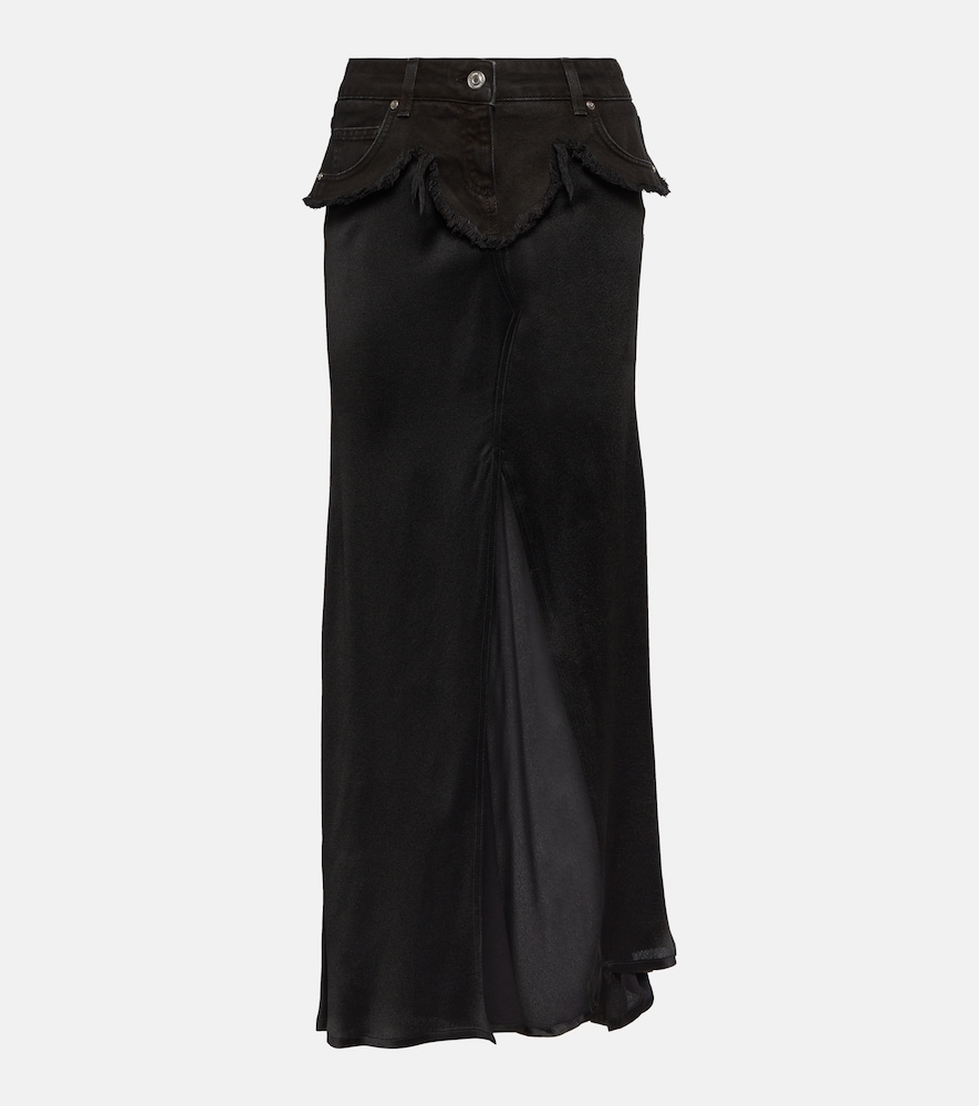 Denim-trimmed satin maxi skirt