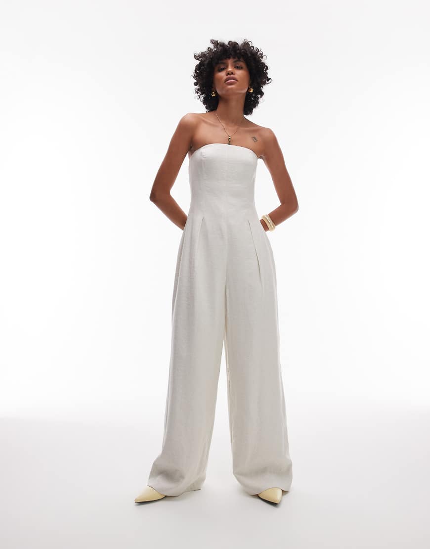 Seamed wide leg linen jumpsuit in natural-Neutral