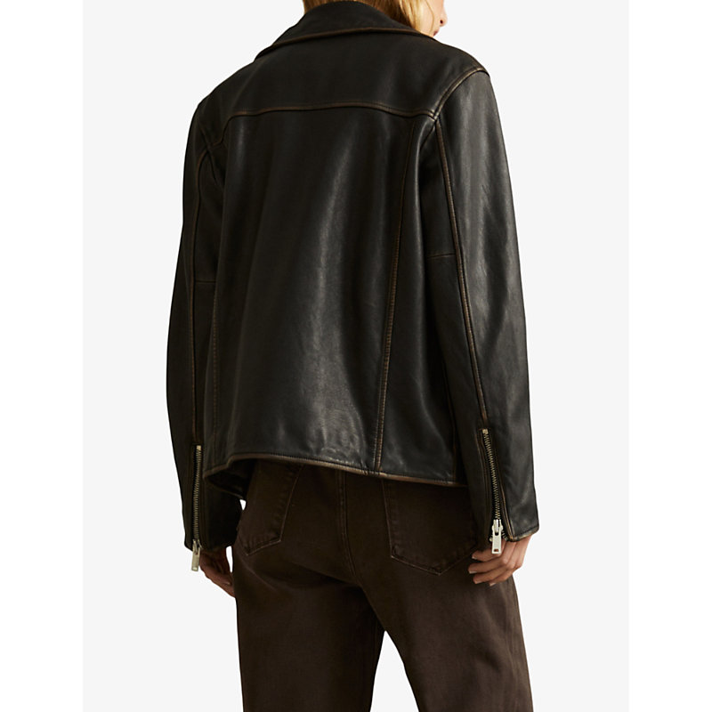 Womens Black Beau Relaxed-fit Leather Biker Jacket