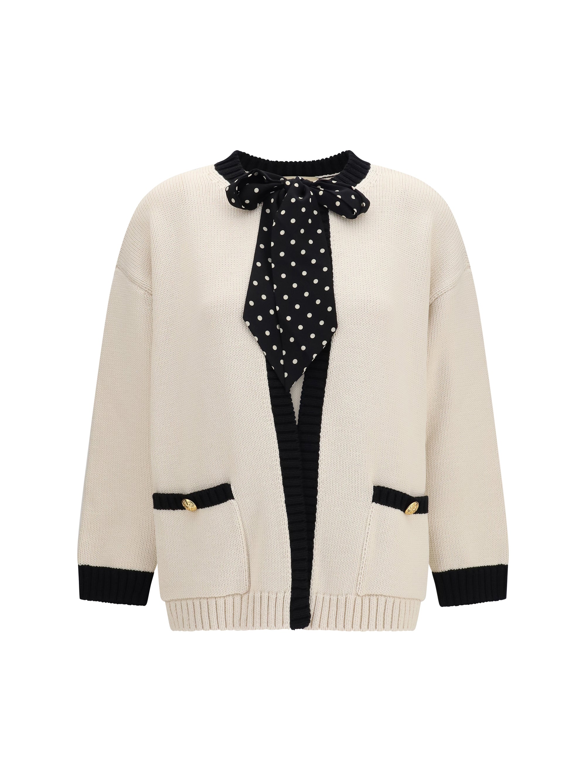 Polka-Dot Bow Cardigan — Beige