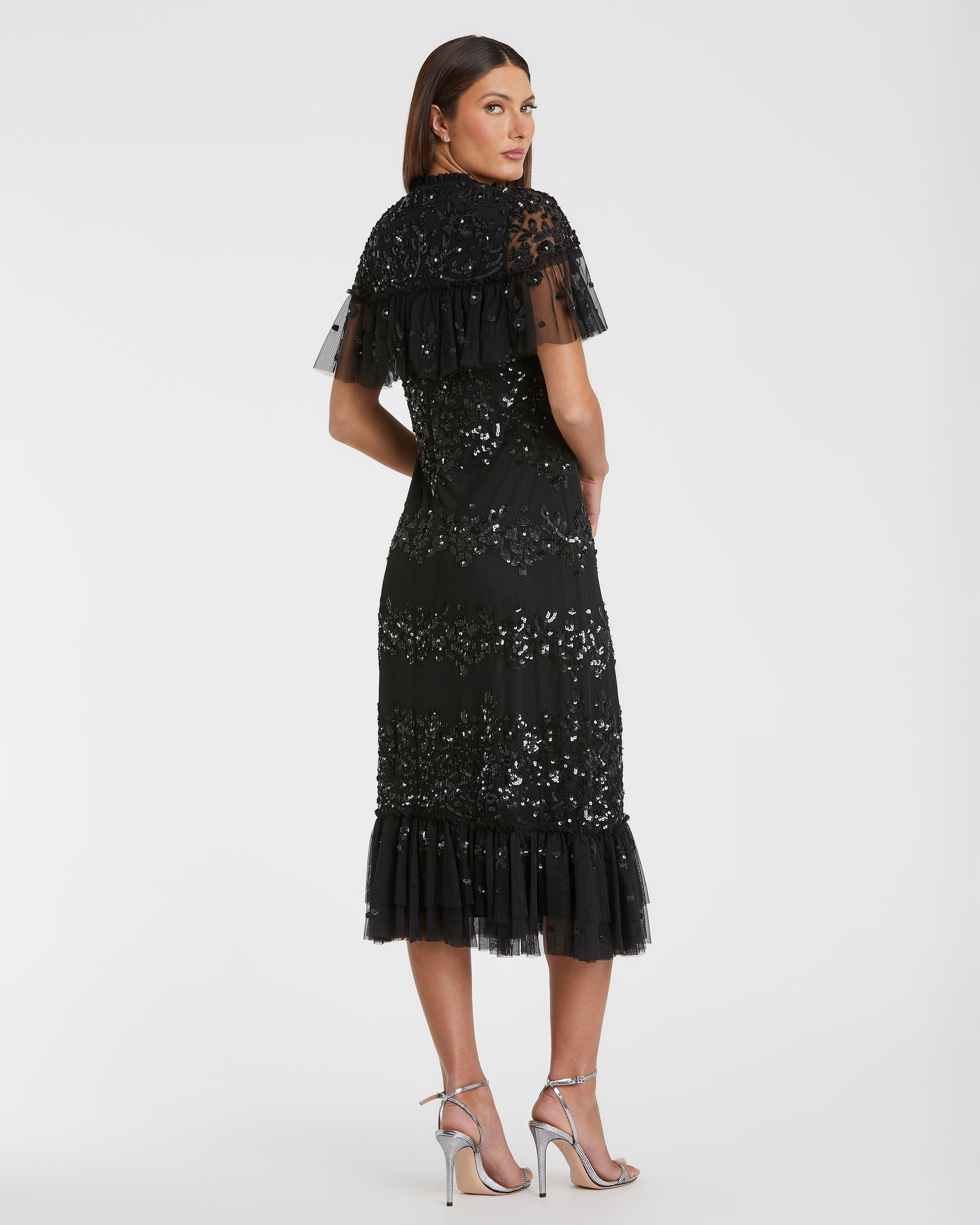 Sequined High Neck Ruffled Flutter Sleeve Wedding Guest Midi Dress In Black