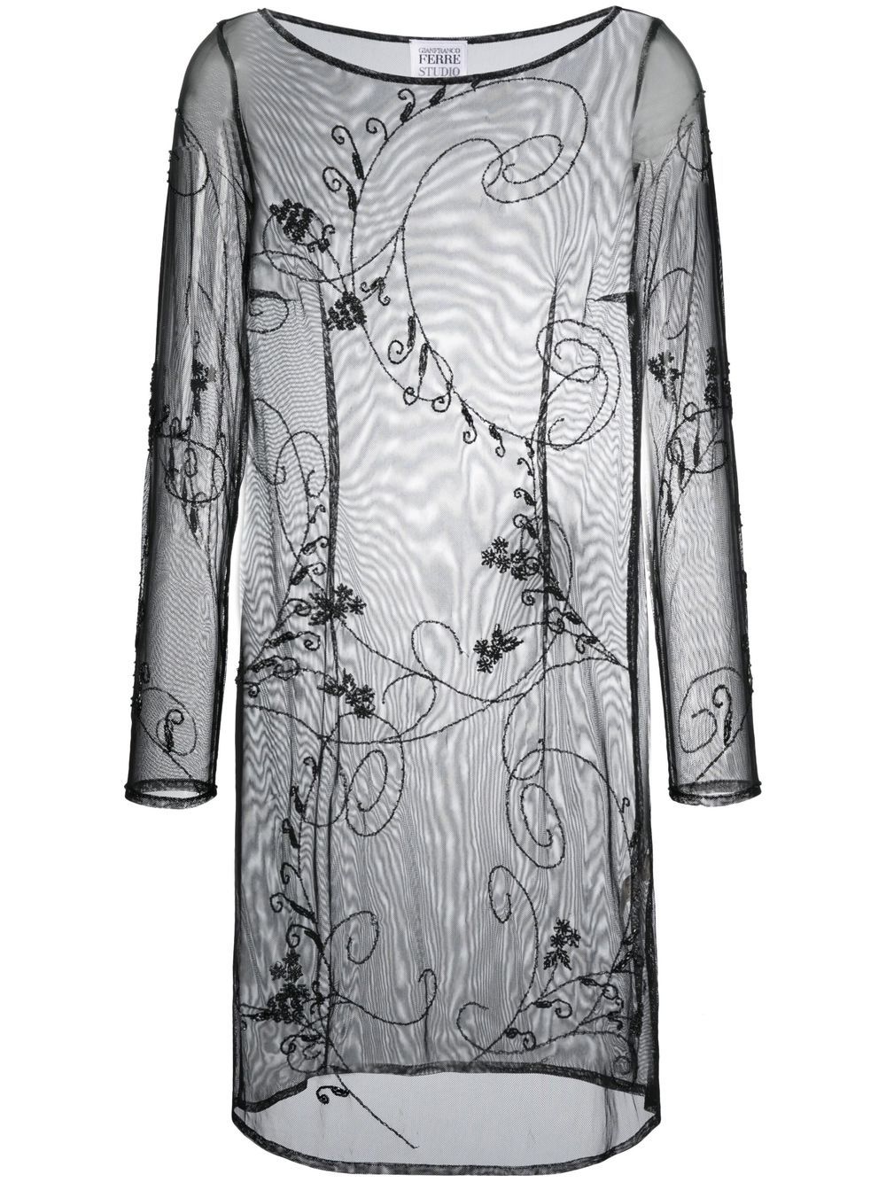 1990s floral-embroidered long-sleeved dress - Black