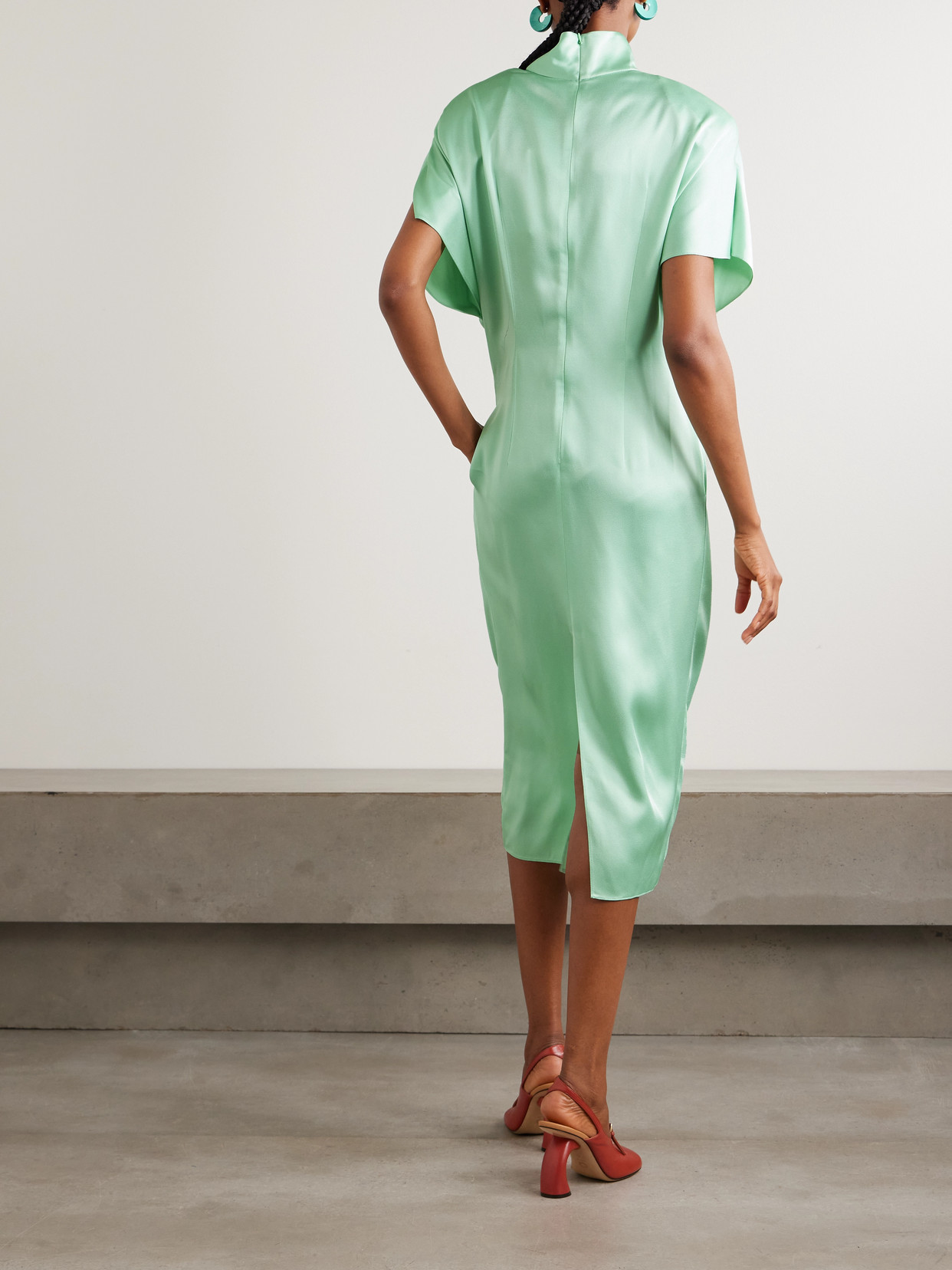 Twisted Satin Turtleneck Dress - Green