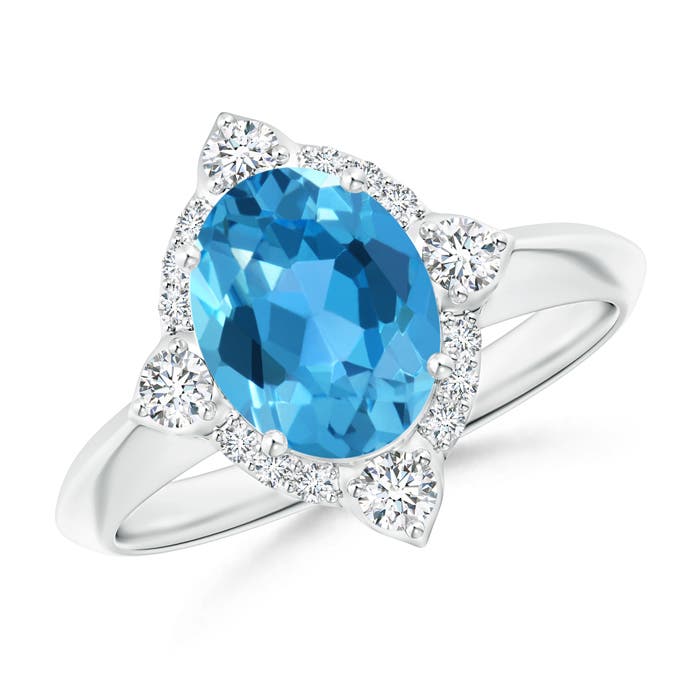 Angara 2.25 Carats Oval Swiss Blue Topaz Compass Ring with Diamond Halo in Platinum