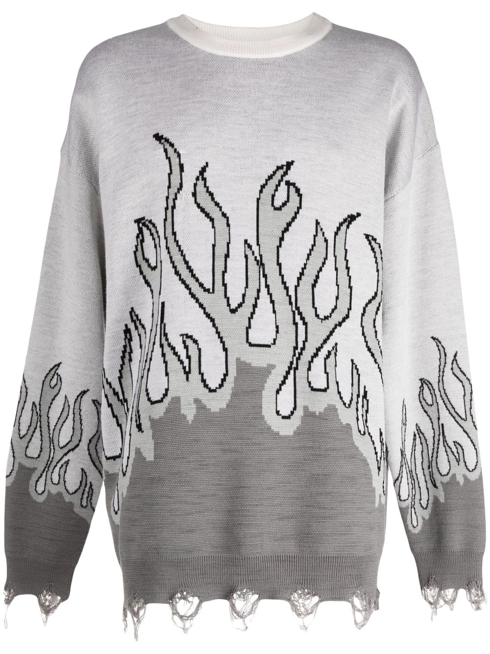 Distressed-effect flame-print wool jumper - Grey