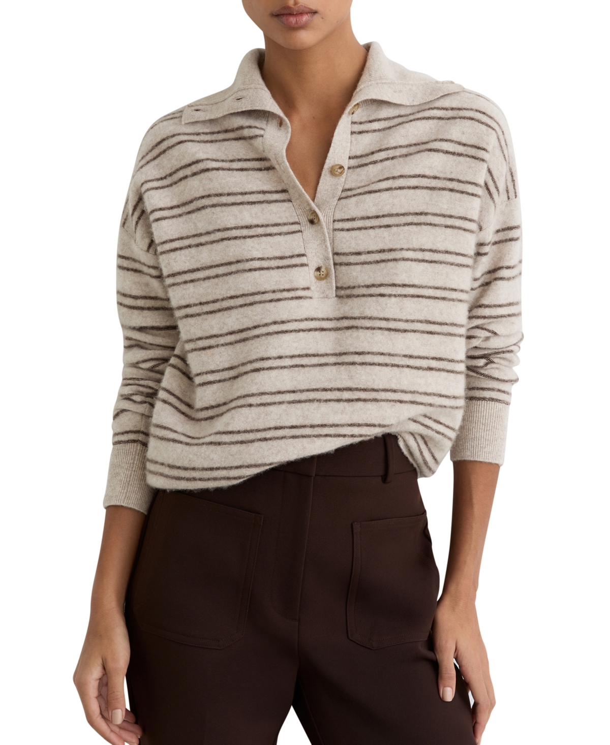 Women's Evana Wool-Cashmere Stripe Buttoned Jumper - Neutral, Brown
