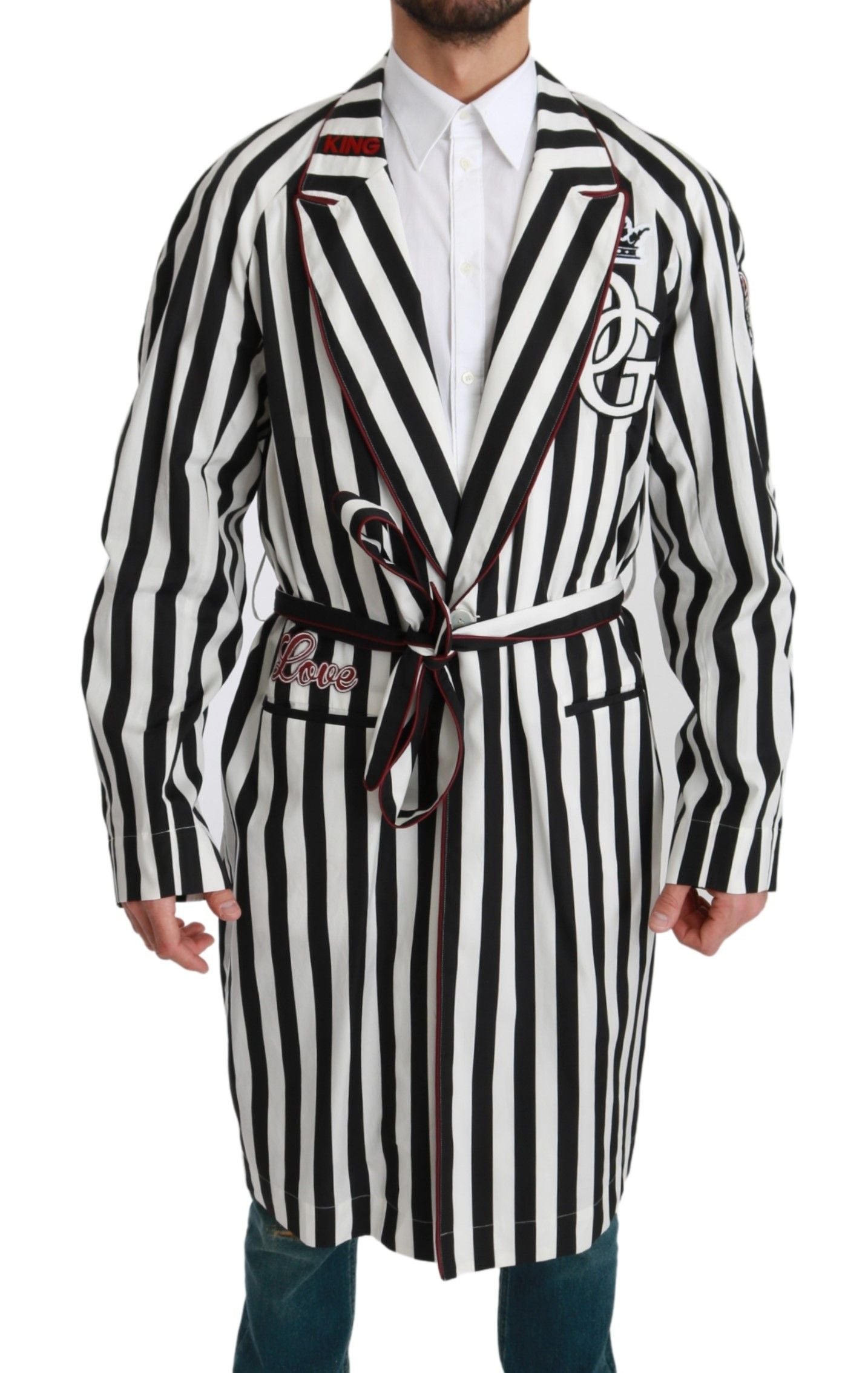 Belted Striped Cotton Coat — Black