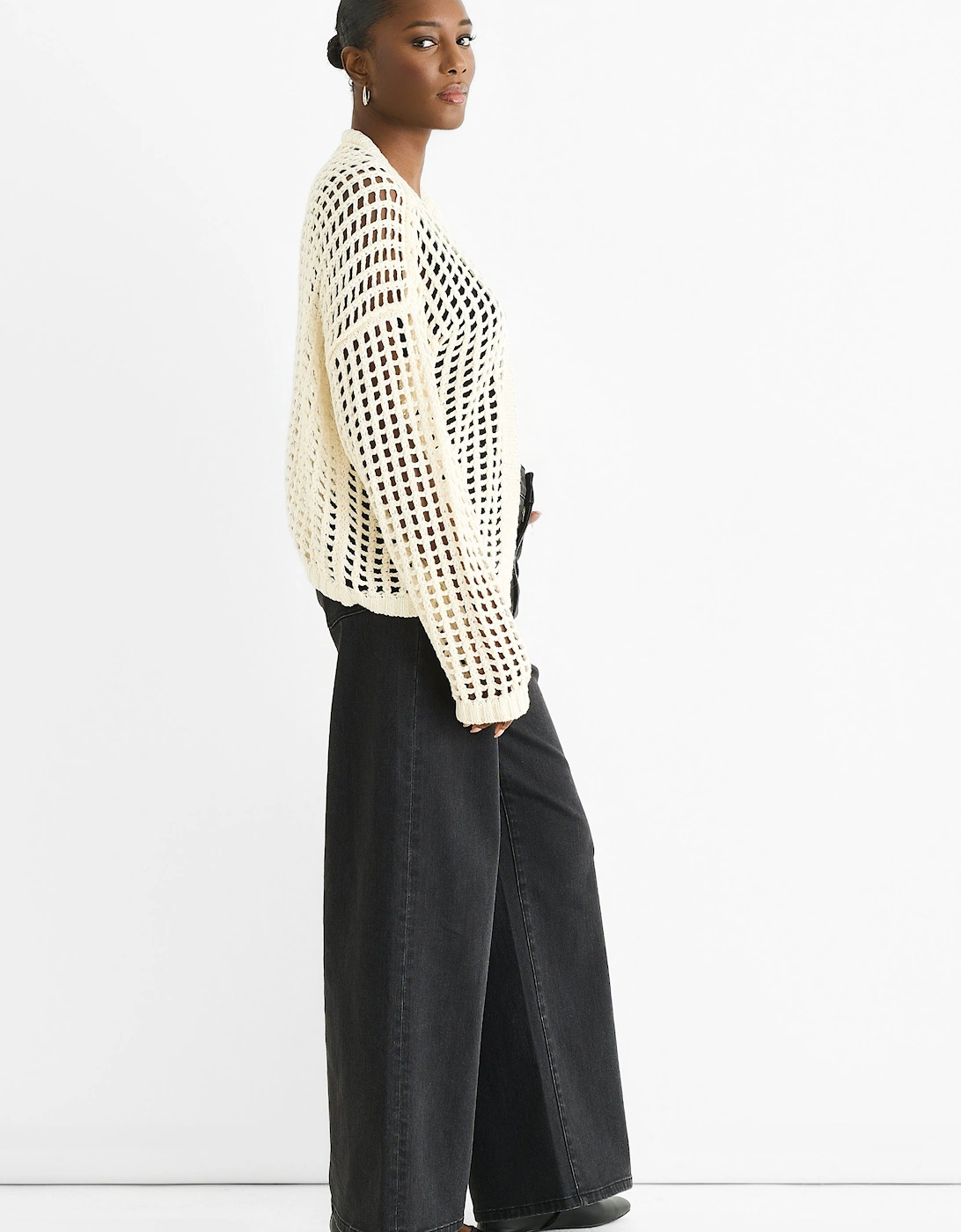 Gini London Women's Cream Open Knit Edge to Edge Cardigan