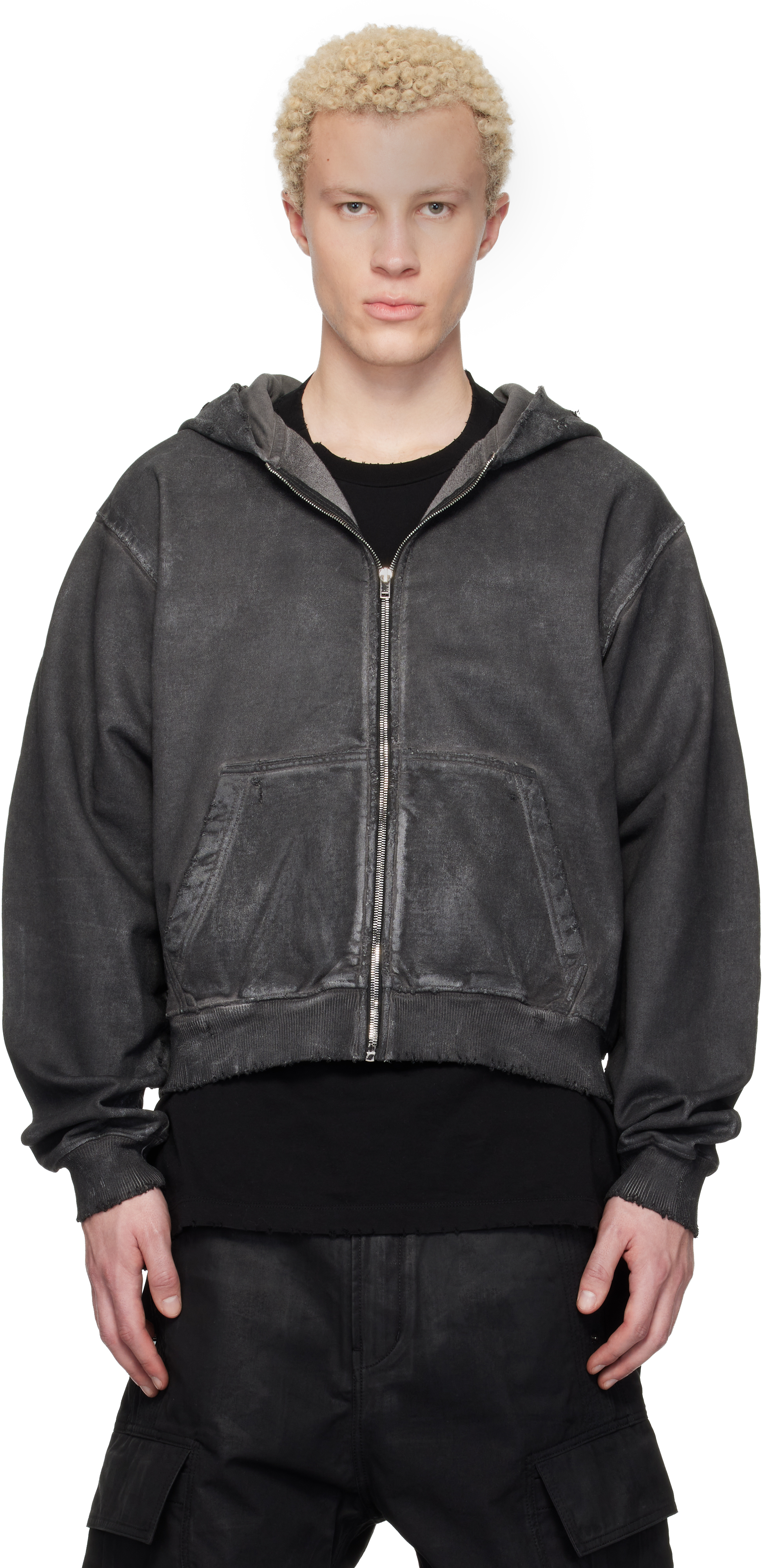 Gray Waxed Garment-Dyed Zip Hoodie