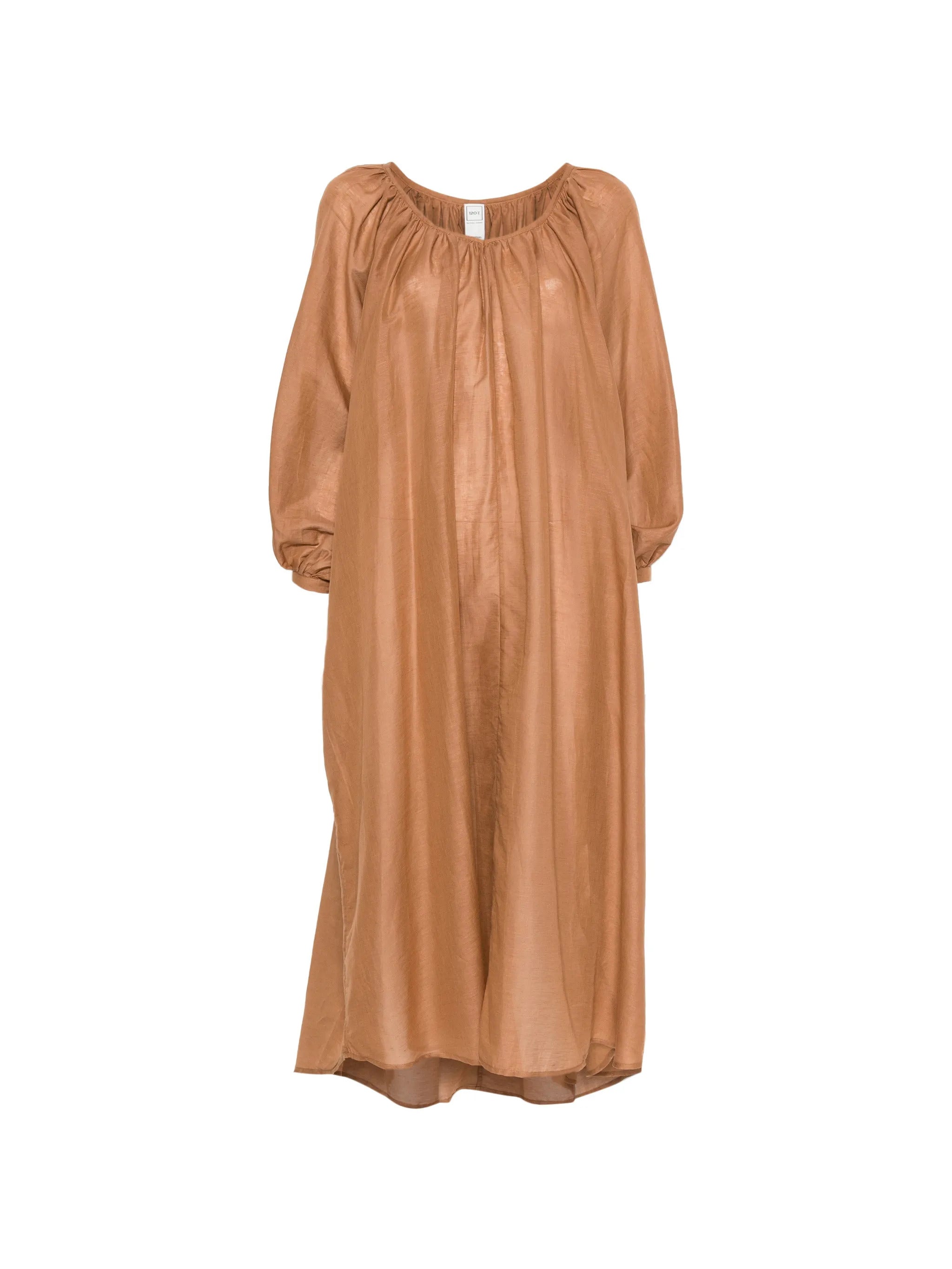 Classic Long Linen and Cotton Dress with V-Neck and Adjustable Cuffs