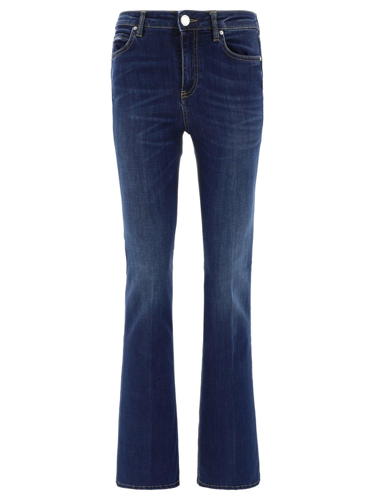 Flora Blue Flared Jeans With Rhinestone Embellished Logo In Cotton Blend Denim Woman