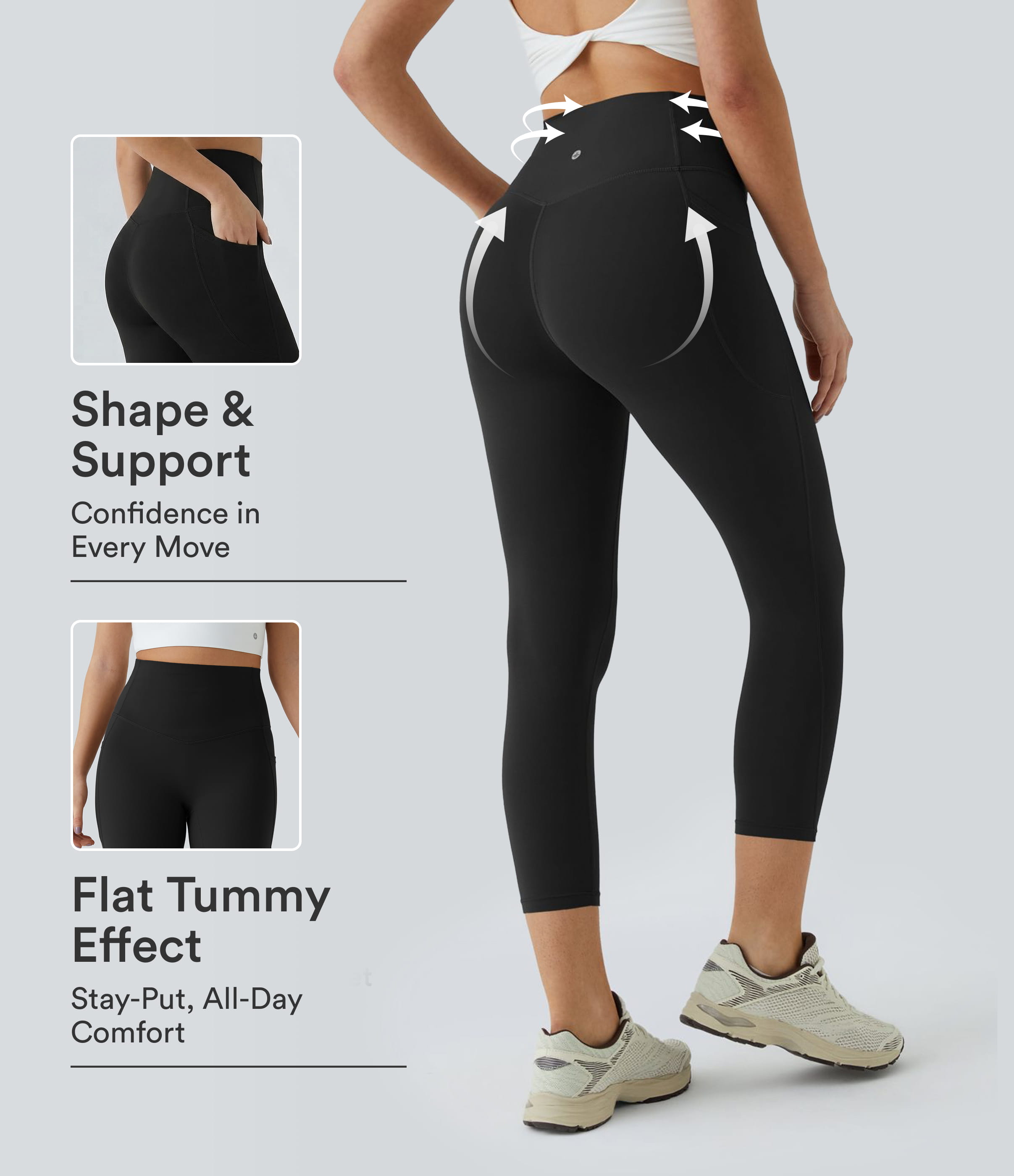 UltraSculpt™ High Waisted Tummy Control Pocket Shaping Training Capri Leggings  - Black