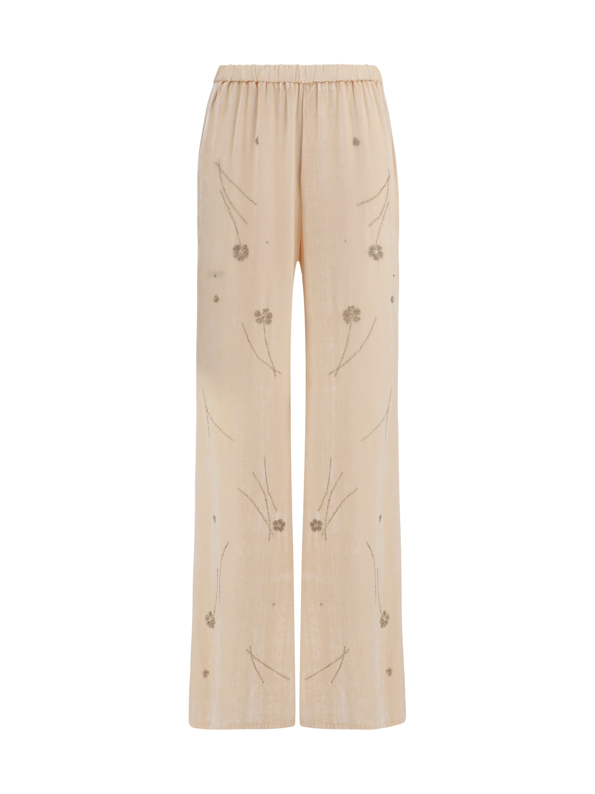 Floral Embroidered Crushed Velvet Trousers — Beige