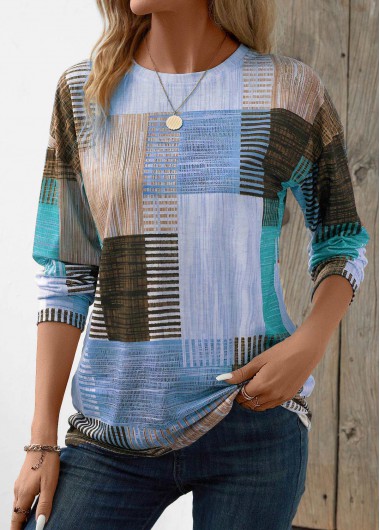 Modlily Beige Patchwork Geometric Print Long Sleeve T Shirt