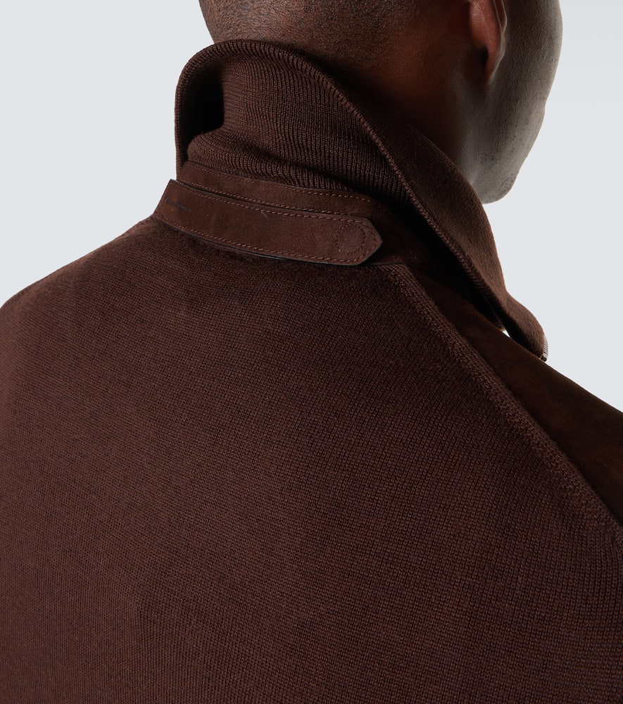 Suede-paneled wool-blend zip-up sweater