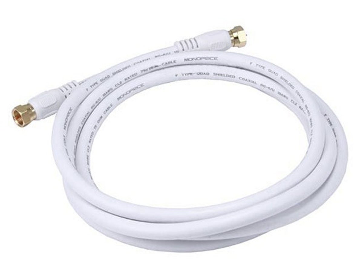 6ft RG6 (18AWG) 75Ohm, Quad Shield, CL2 Coaxial Cable with F Type Connector - White