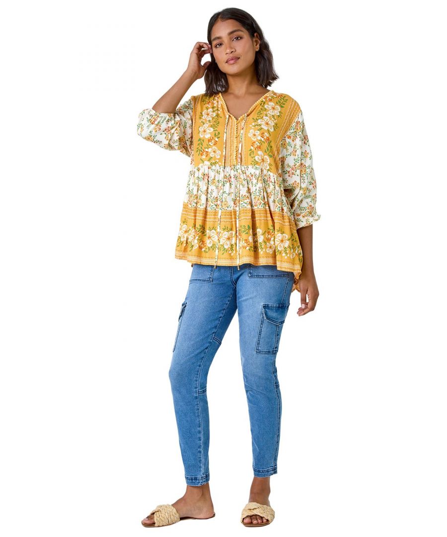 Roman Womens Floral Border Print V-Neck Overshirt - Yellow