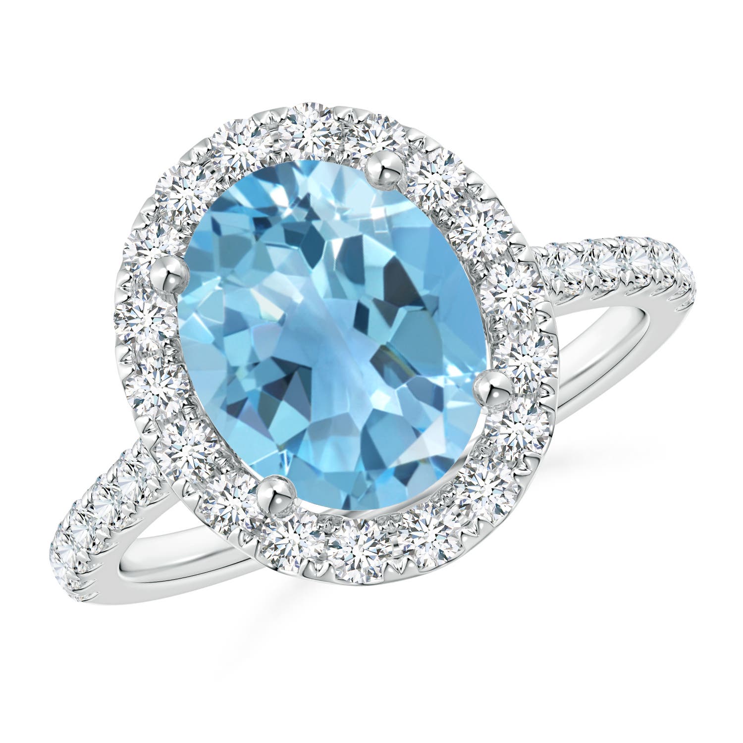 Angara 3.25 Carats Prong-Set Oval Swiss Blue Topaz Halo Ring with Diamond Accents in Platinum