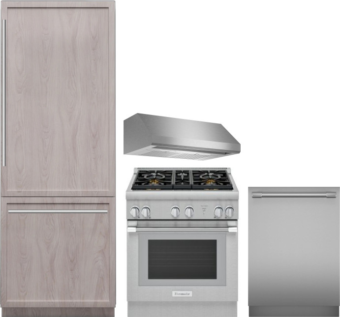 Thermador 4 Piece Kitchen Appliances Package with Bottom Freezer Refrigerator, Gas Range and Dishwasher in Panel Ready THRERADWRH