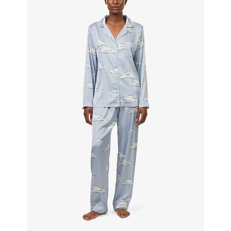 Womens Lilac Cloud Cloud-print Relaxed-fit Stretch-satin Pyjamas 