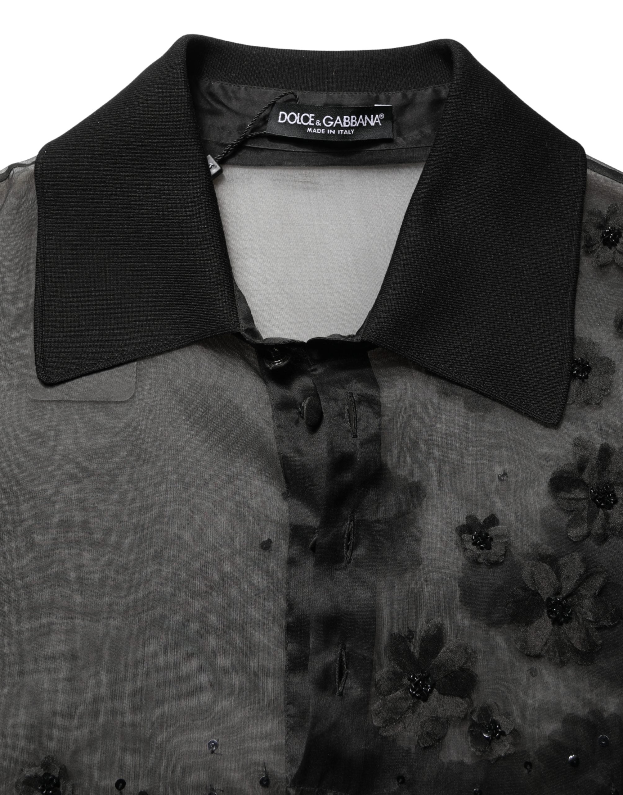 Floral Appliqué Silk Shirt — Black