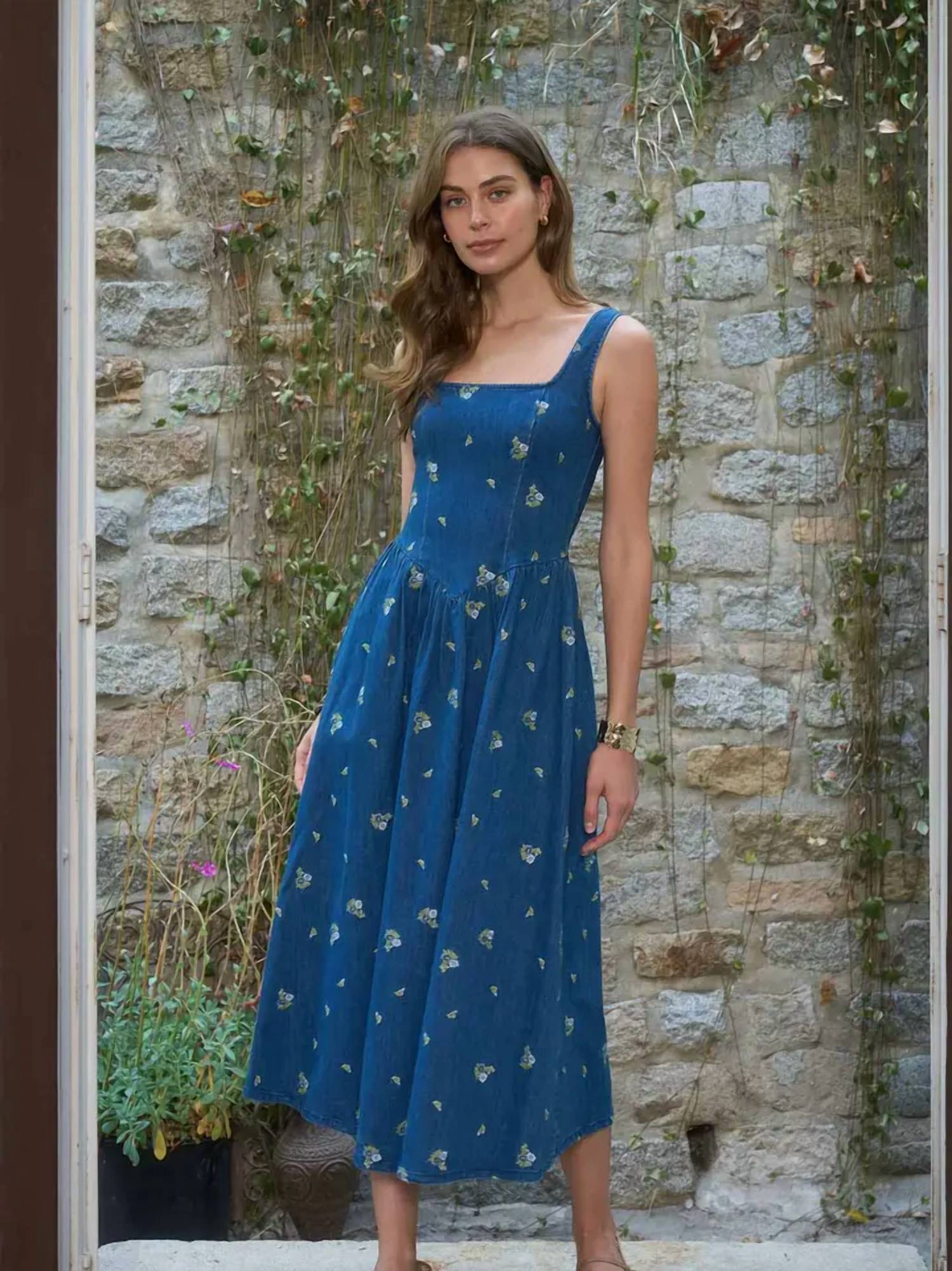Sleeveless Square Neck Floral Embroidery Detail Denim Midi Dress In Indigo