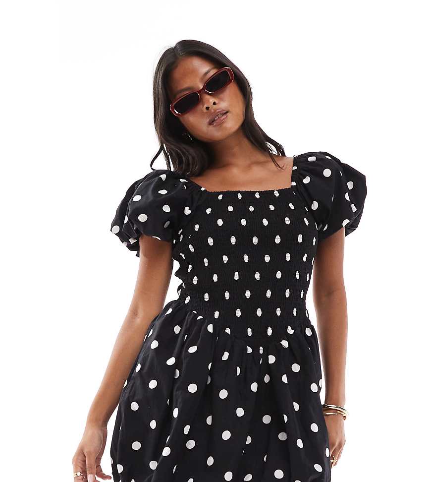 Bubble hem mini dress in black polka dots-Multi
